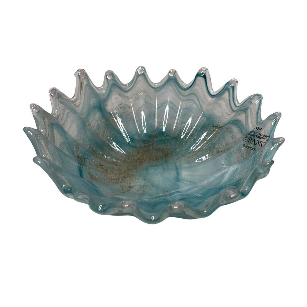 Murano Art Glass Wave Bowl Light Blue 24k Gold Flecked 8.5” Scalloped Edge MCM - Picture 3 of 8
